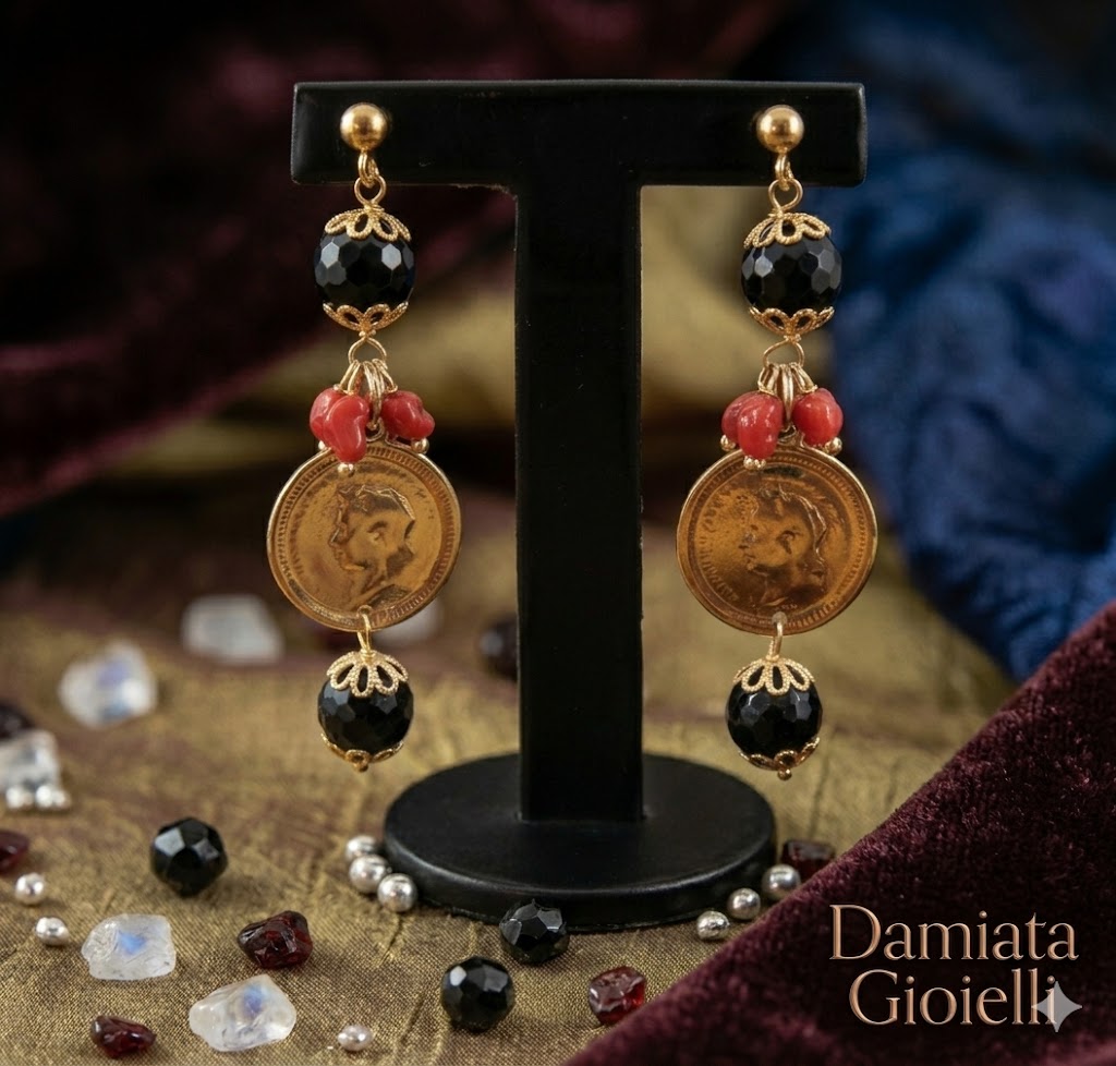 Orecchini donna in ottone, corallo rosso e onice nero 000285
