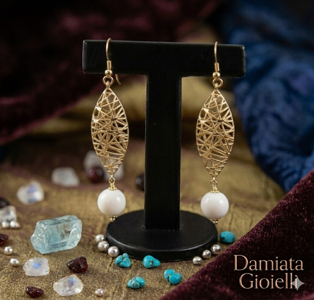 Orecchini donna in argento dorato e agata bianca 000801