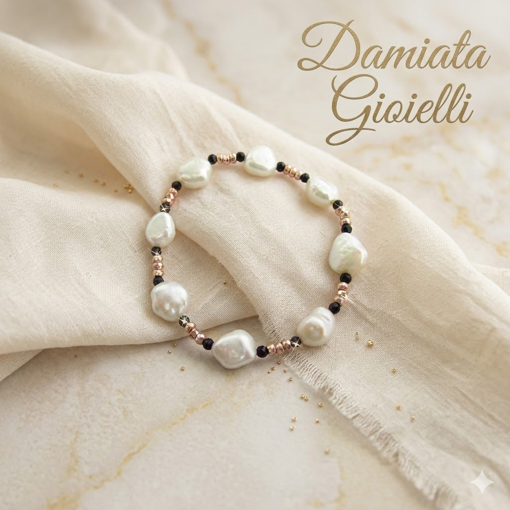 Bracciale elastico donna Orelù in ottone, onice e perle 001004A