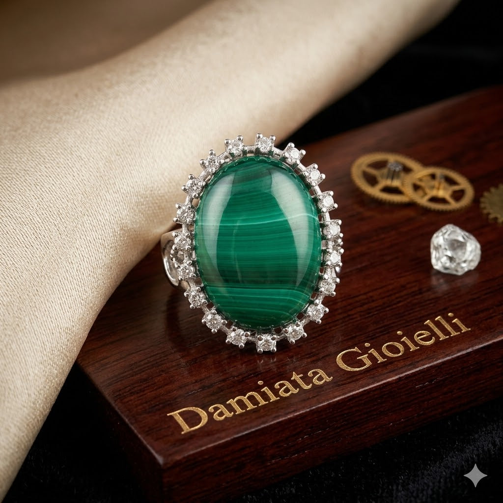 Anello donna Orelù in argento, malachite e zirconi 0010057MNZA