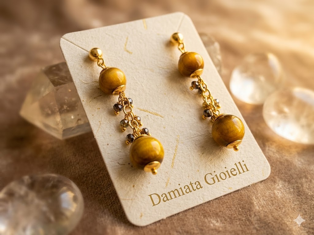 Orecchini pendenti donna Morfea in ottone con occhio di tigre e cristalli ref. 00221924