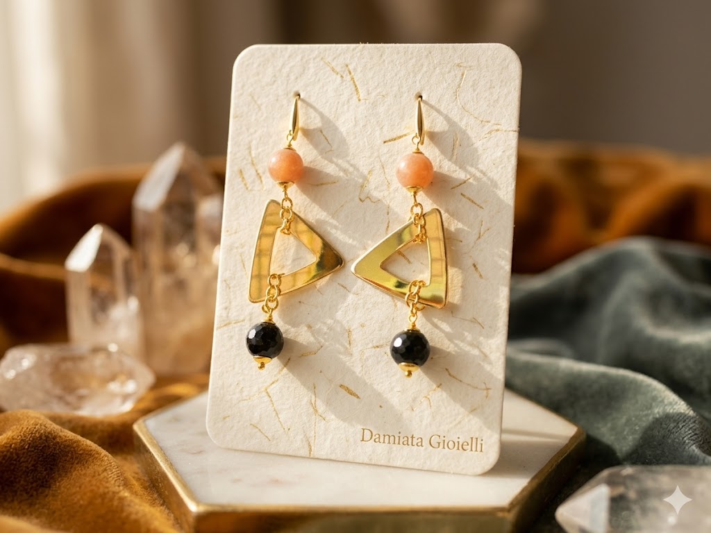 Orecchini pendenti donna Morfea in ottone con quarzi e onice nero ref. 00234655