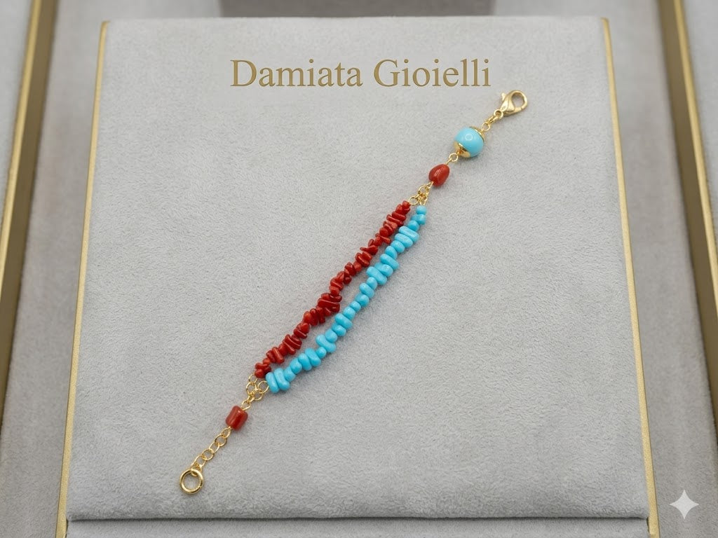 Bracciale doppio filo donna Morfea Gioielli in ottone con turchese e corallo rosso ref. 00242462