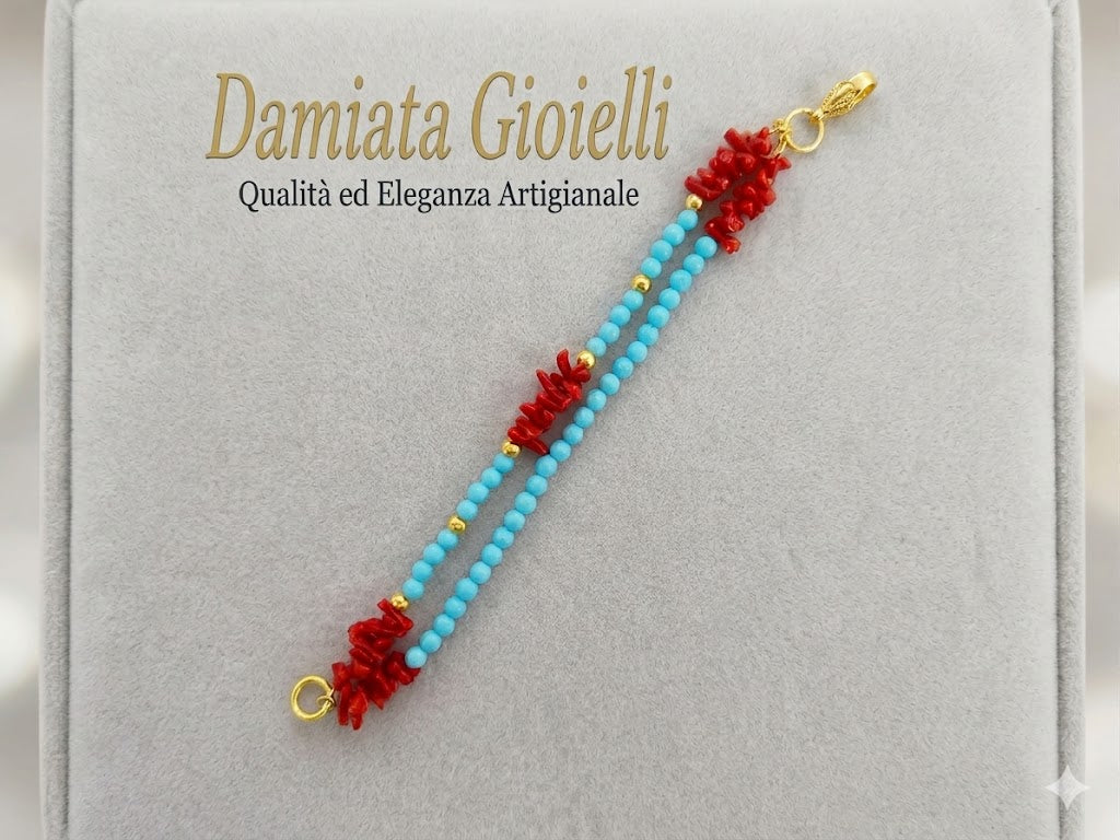 Bracciale doppio filo donna Morfea Gioielli in ottone con turchese e corallo rosso ref. 00242585