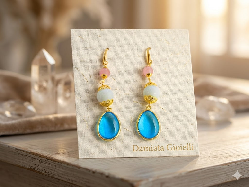 Orecchini pendenti donna Morfea in ottone con quarzi e agata bianca ref. 00254205/2