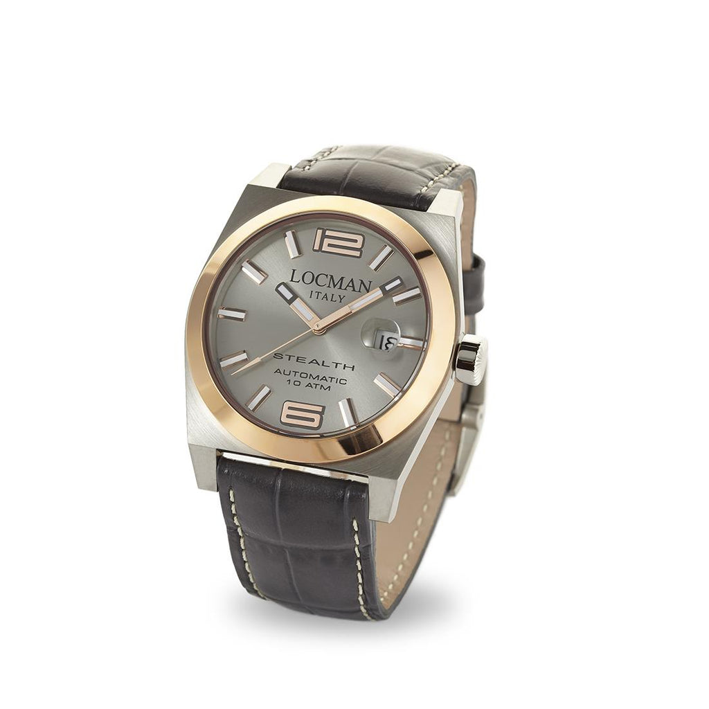 Orologio automatico solo tempo uomo Locman Stealth in titanio e pelle 02050RGYF5N0PSA