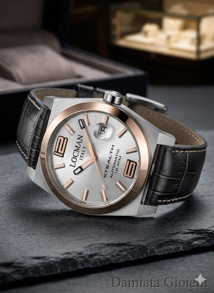Orologio automatico solo tempo uomo Locman Stealth in titanio e pelle 02050RGYF5N0PSA