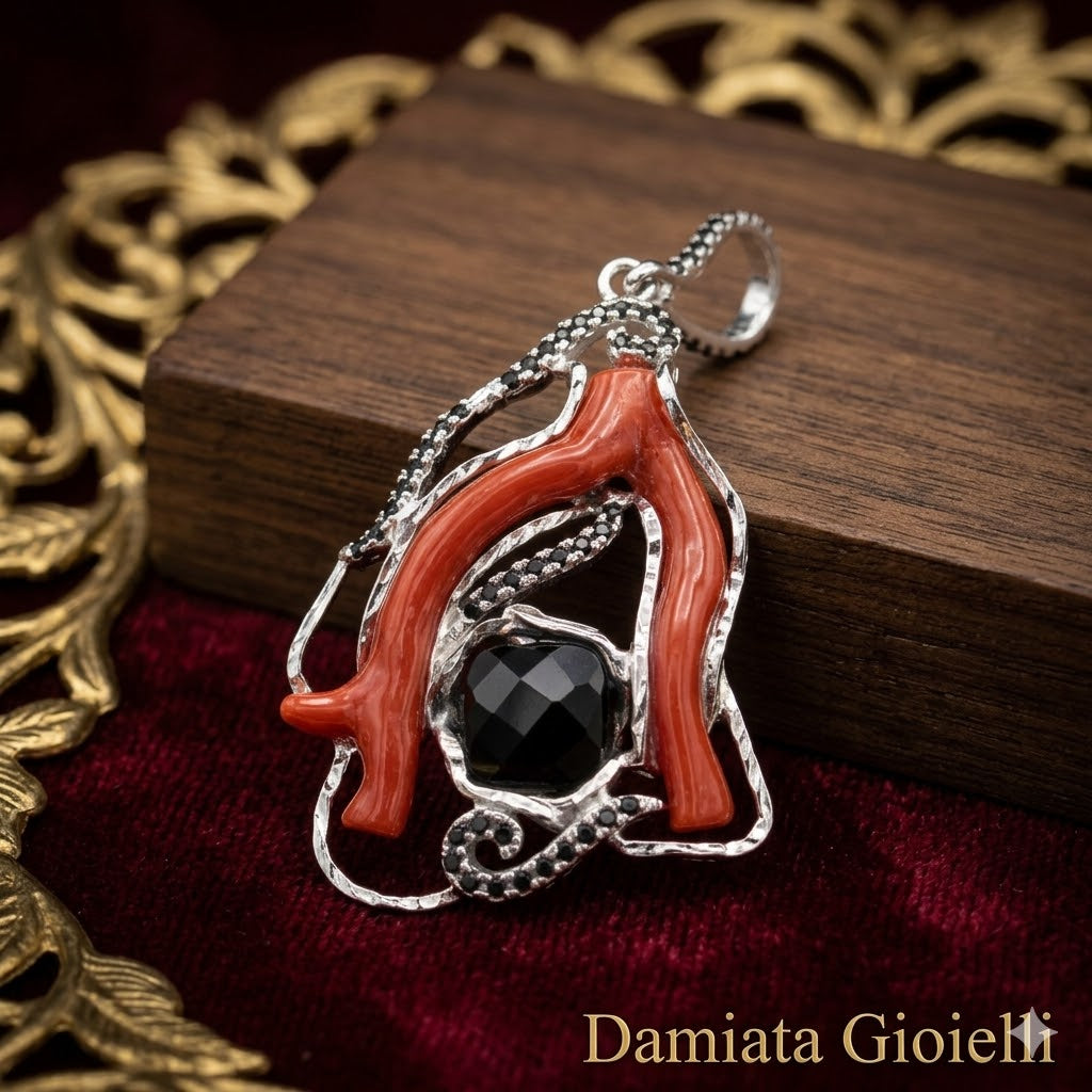 Charm donna in argento, corallo rosso, onice nero e zirconi neri 10039