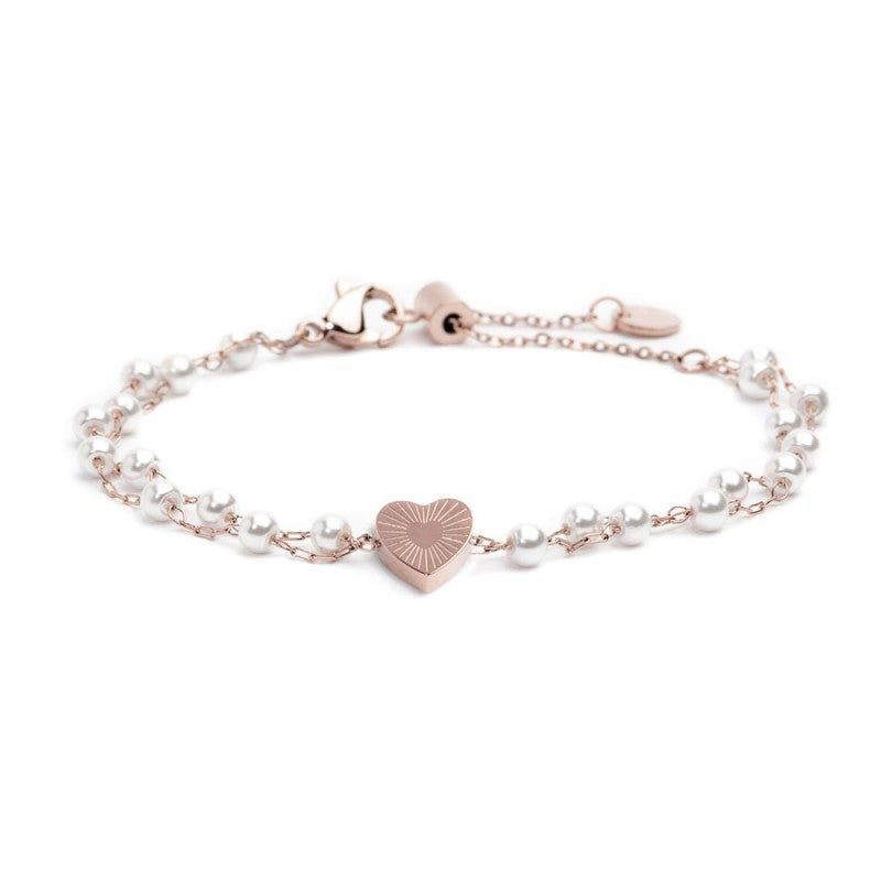 Bracciale doppia catena donna Marlù in acciaio rosè, zirconi e perle 15BR068R-W