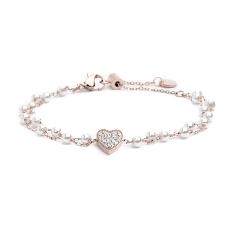 Bracciale doppia catena donna Marlù in acciaio rosè, zirconi e perle 15BR068R-W