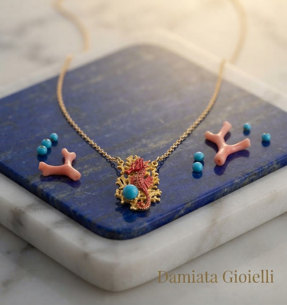 Collana donna Isola Bella Corallo Ippocampo in argento e turchese ref. 20001437