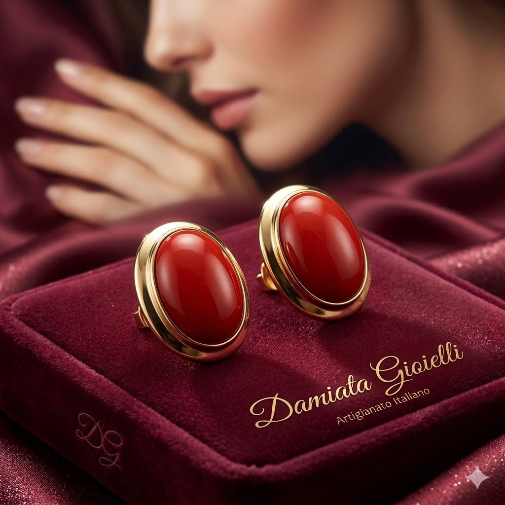 Orecchini a bottone donna Damiata Gioielli in oro giallo con corallo rosso 2114/102