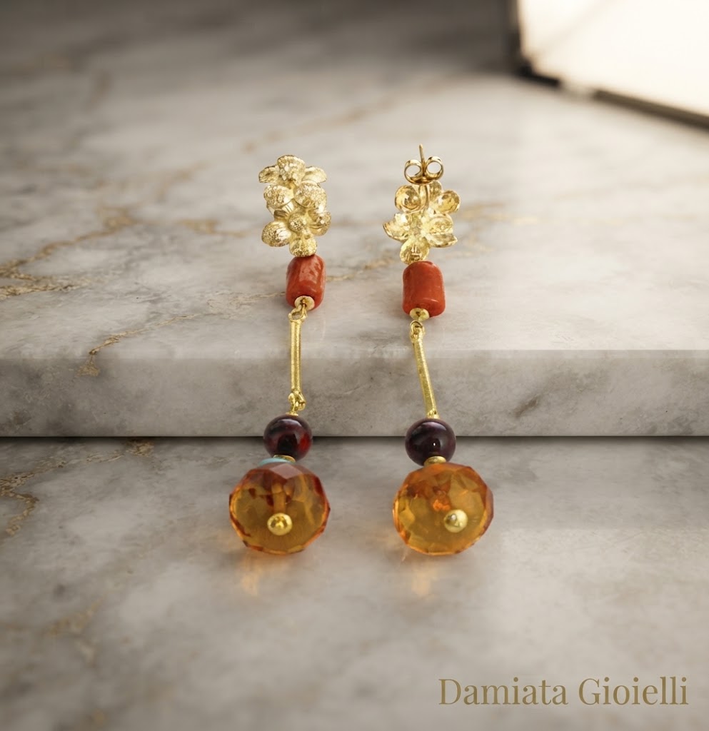 Orecchini pendenti donna Damiata Gioielli in oro giallo, corallo e turchese ref. 2124/102