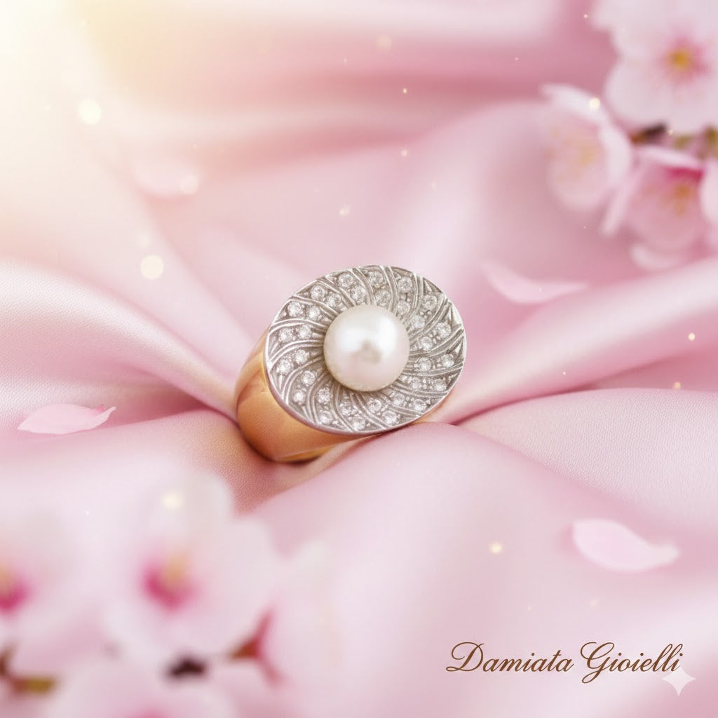 Anello donna Damiata Gioielli in oro bianco e giallo con perla e zirconi 2130/102