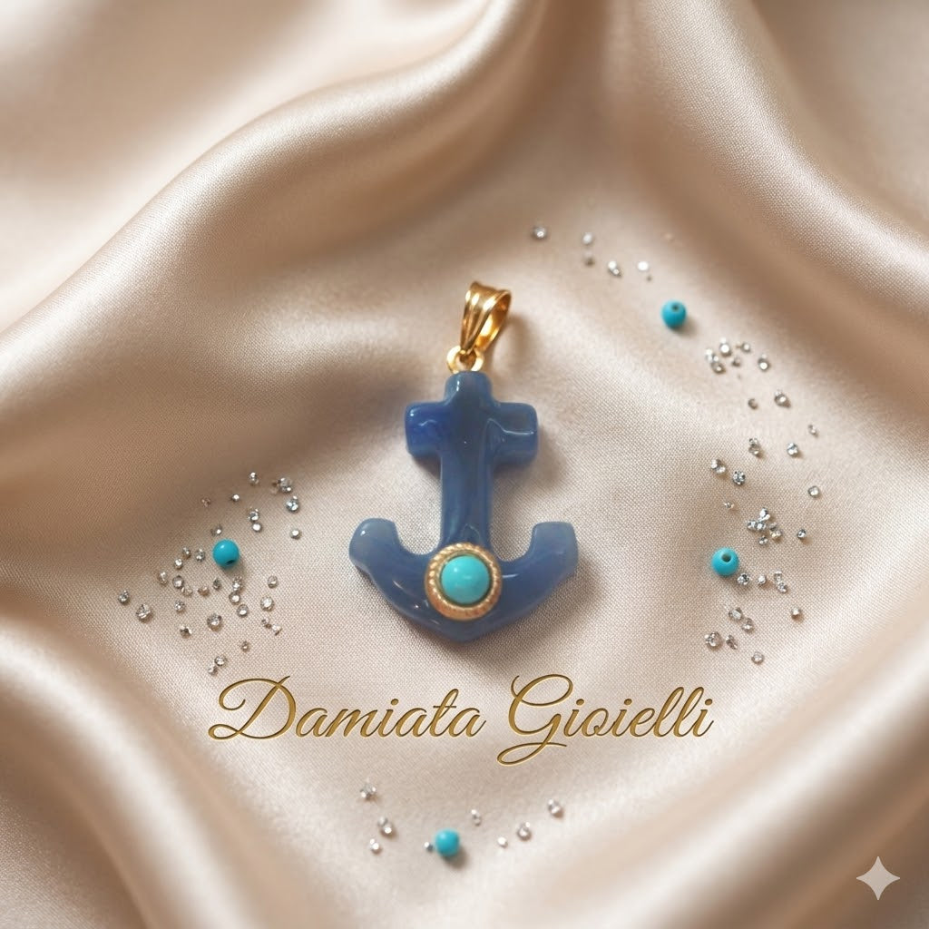 Ciondolo ad ancora donna Damiata Gioielli in oro giallo con cristallo e pasta di turchese 214/102
