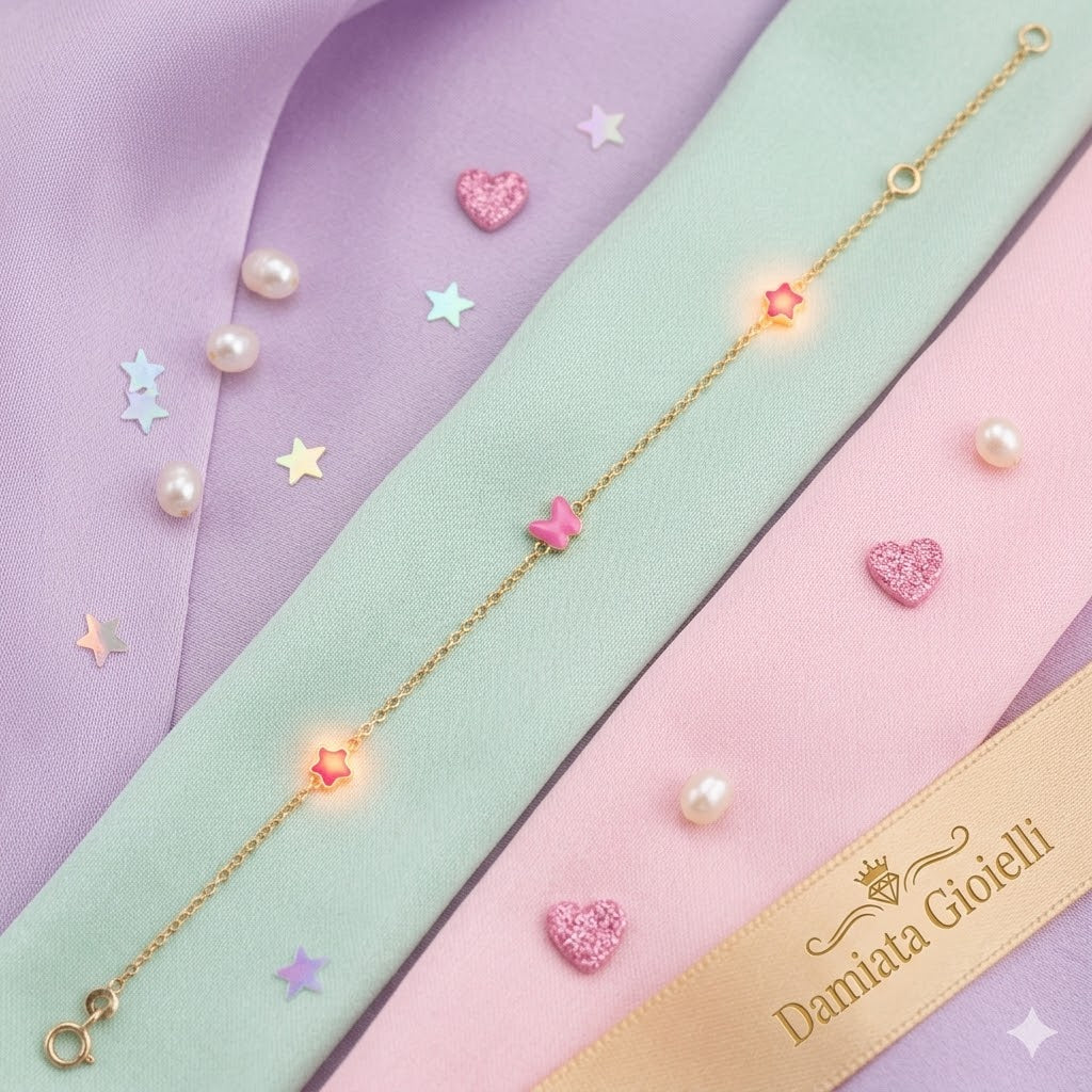 Bracciale con farfalla e stelle bambina Damiata Gioielli in oro giallo smaltato 214/5/102/2