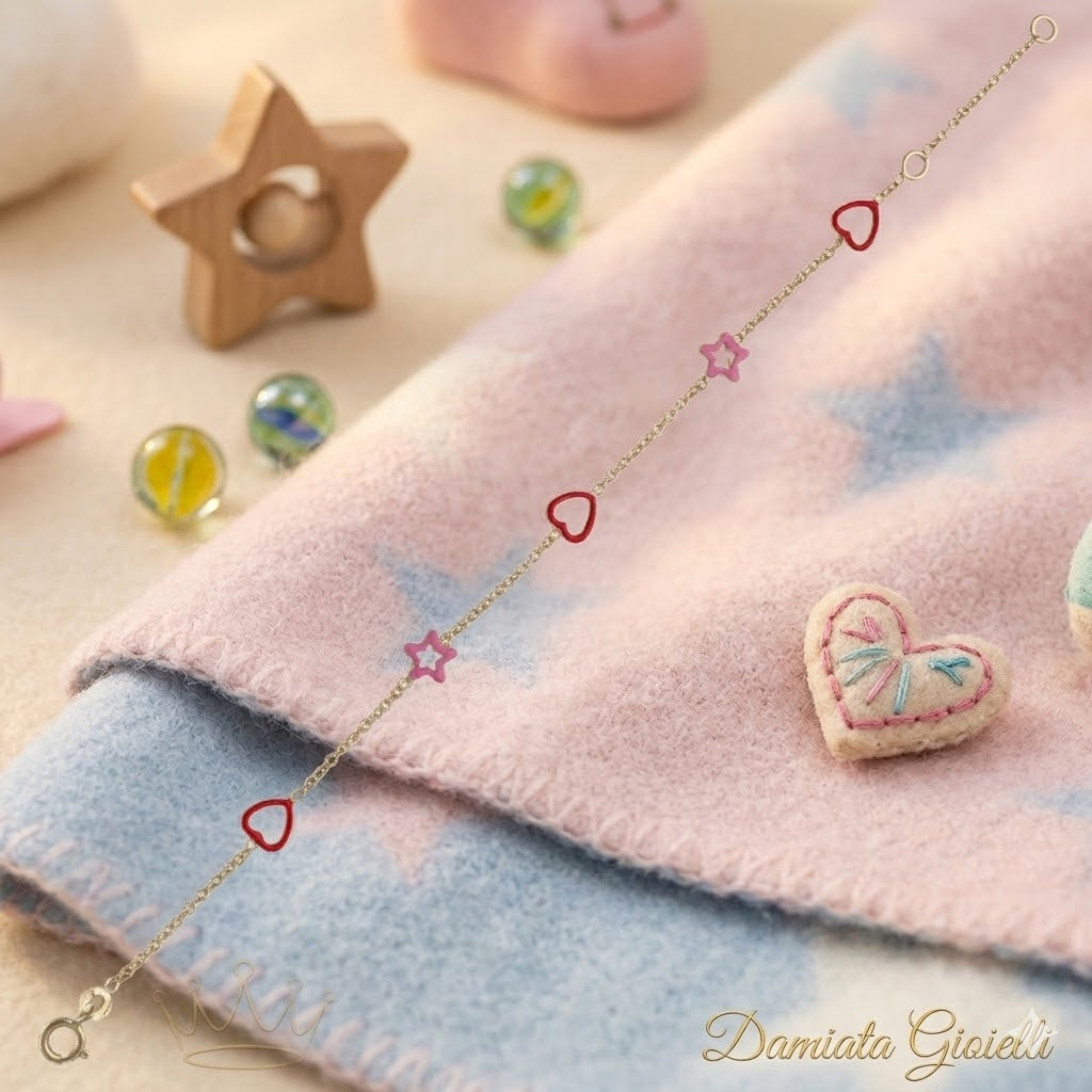 Bracciale con cuori e stelle bambina Damiata Gioielli in oro giallo smaltato 216/102