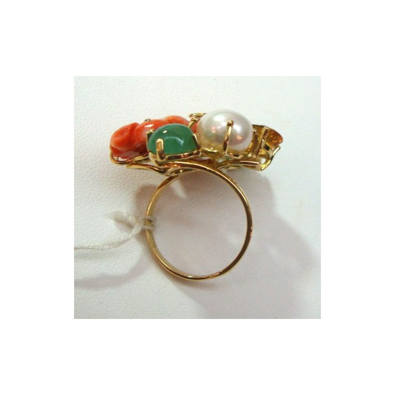 Anello fantasia donna Damiata Gioielli inoro giallo con corallo, giada, ambra, perla e topazio 2165/102