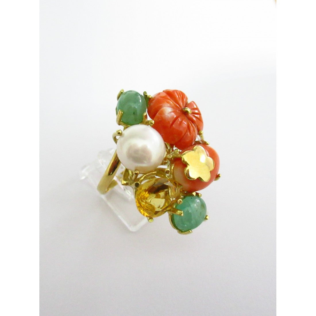 Anello fantasia donna Damiata Gioielli inoro giallo con corallo, giada, ambra, perla e topazio 2165/102