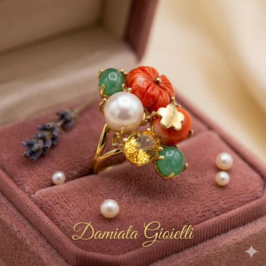 Anello fantasia donna Damiata Gioielli inoro giallo con corallo, giada, ambra, perla e topazio 2165/102