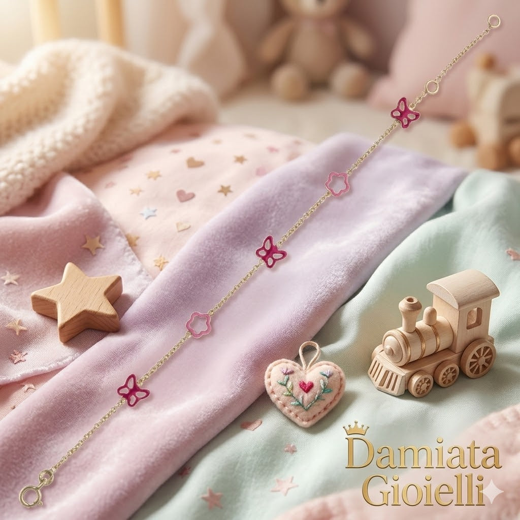 Bracciale con farfalle e fiori bambina Damiata Gioielli in oro giallo smaltato 219/102/4