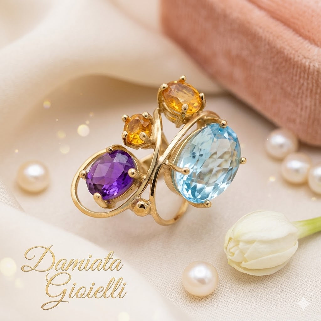 Anello fantasia donna Damiata Gioielli in oro giallo con quarzi 3208/102