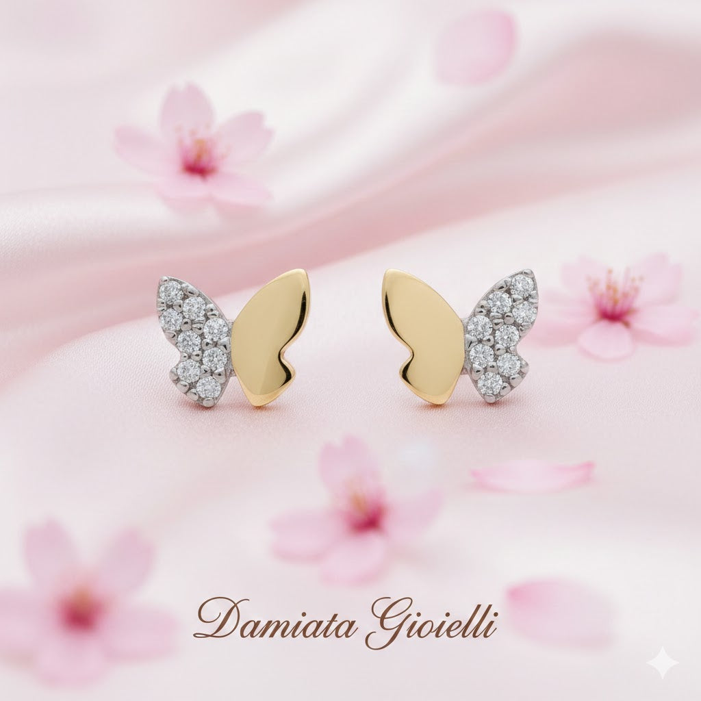 Orecchini a farfalla bambina Damiata Gioielli in oro giallo e bianco con zirconi 320/9/102/1