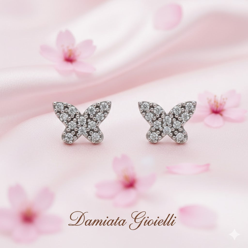 Orecchini a farfalla bambina Damiata Gioielli in oro bianco e zirconi 323/4/102