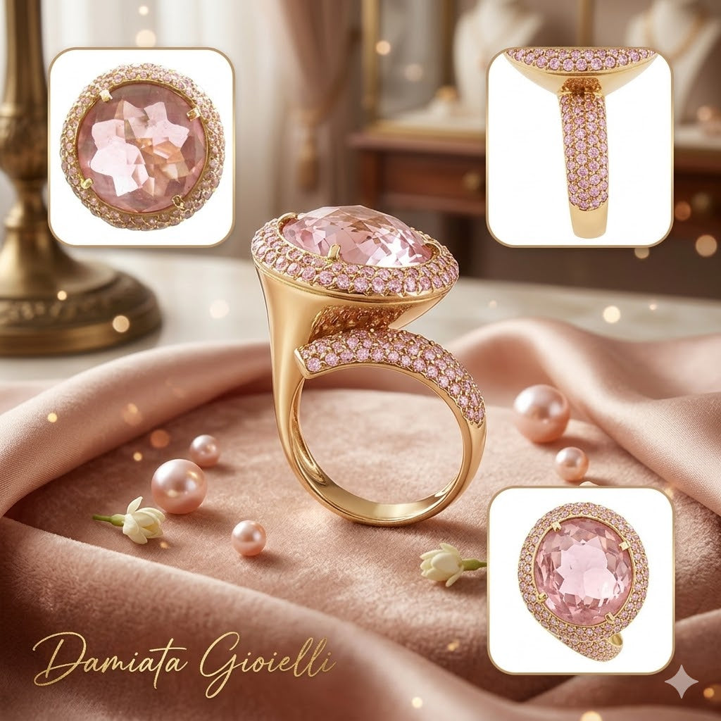 Anello fantasia donna Damiata Gioielli in oro rosa con quarzo e zirconi 3244/102