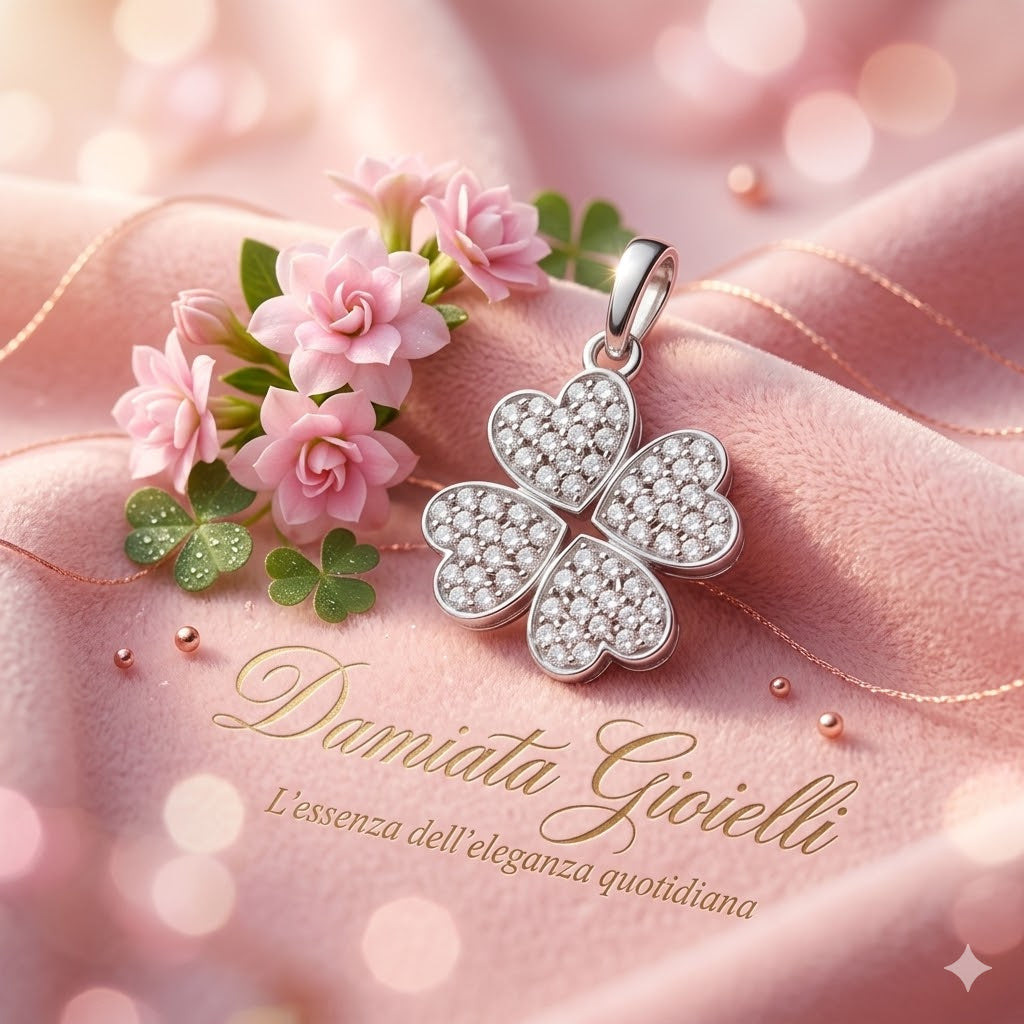 Ciondolo a quadrifoglio donna Damiata Gioielli in oro bianco e zirconi 327/5/102