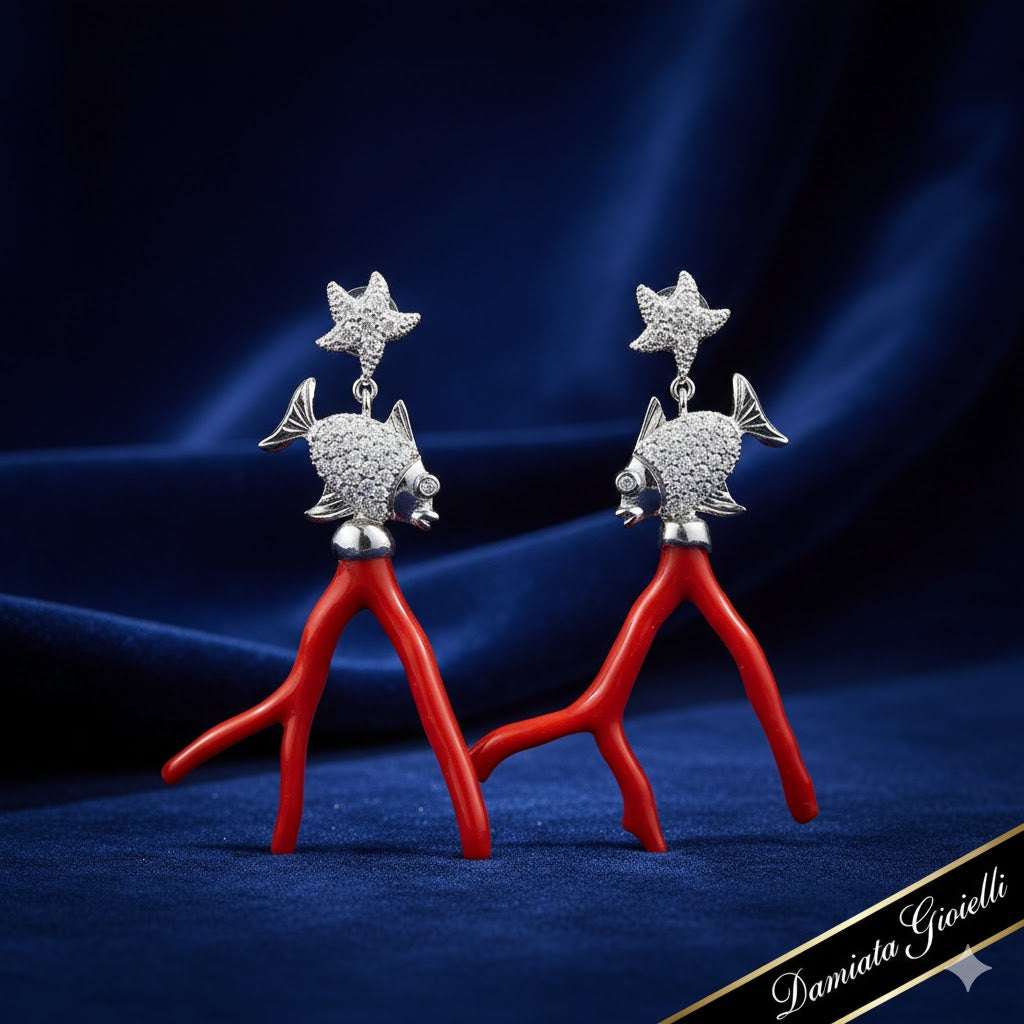 Orecchini donna in argento, zirconi e corallo rosso 420