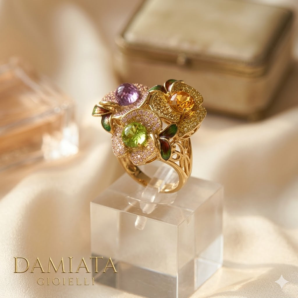 Anello fantasia donna Damiata Gioielli in oro giallo con quarzi e zirconi 4315/102/1