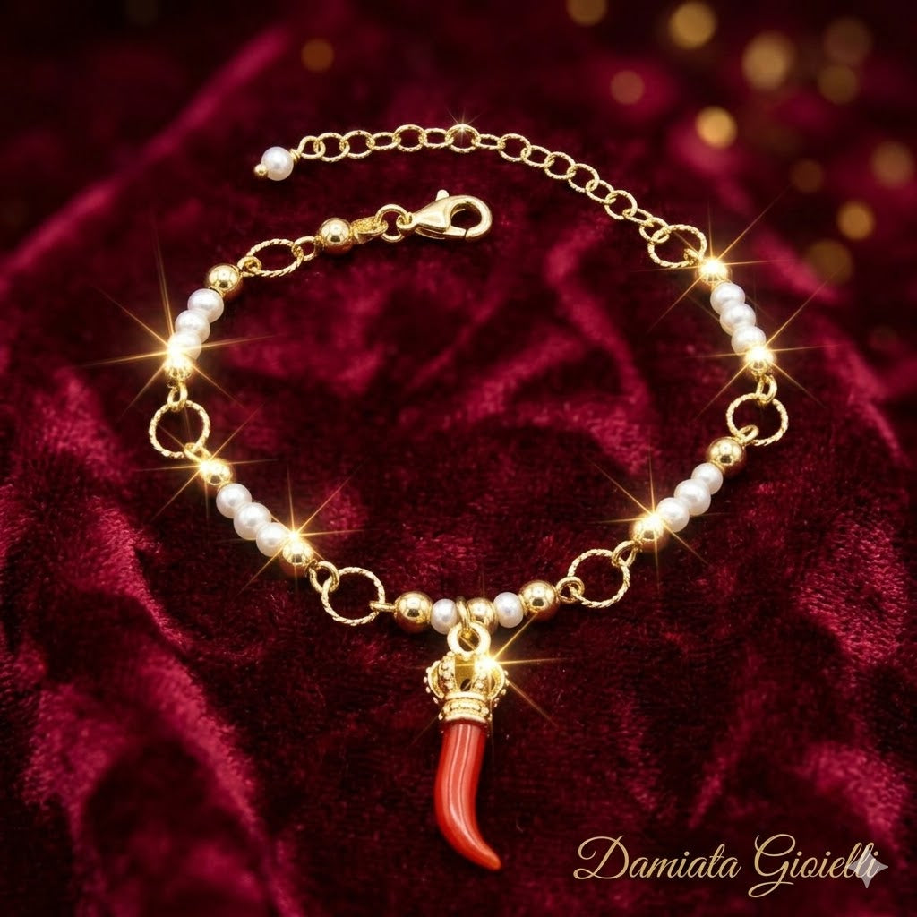 Bracciale corno portafortuna donna Soara in argento dorato, corallo e perle 4AGP0608G