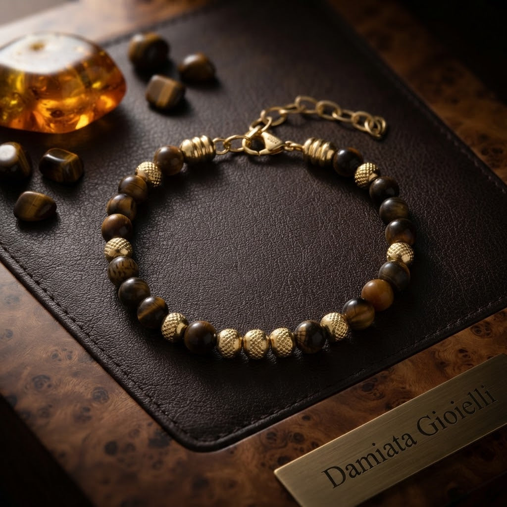Bracciale uomo 4US Cesare Paciotti in acciaio dorato e occhio di tigre ref. 4UBR6759