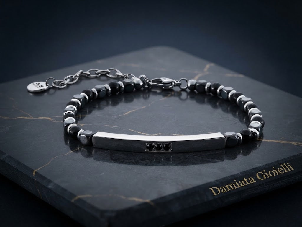 Bracciale uomo 4US Cesare Paciotti in acciaio con ematite e zirconi neri ref. 4UBR6998
