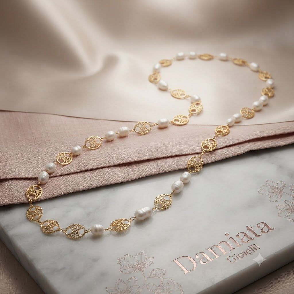 Collana donna Ottaviani in lega metallica dorata e perle barocche 501027C