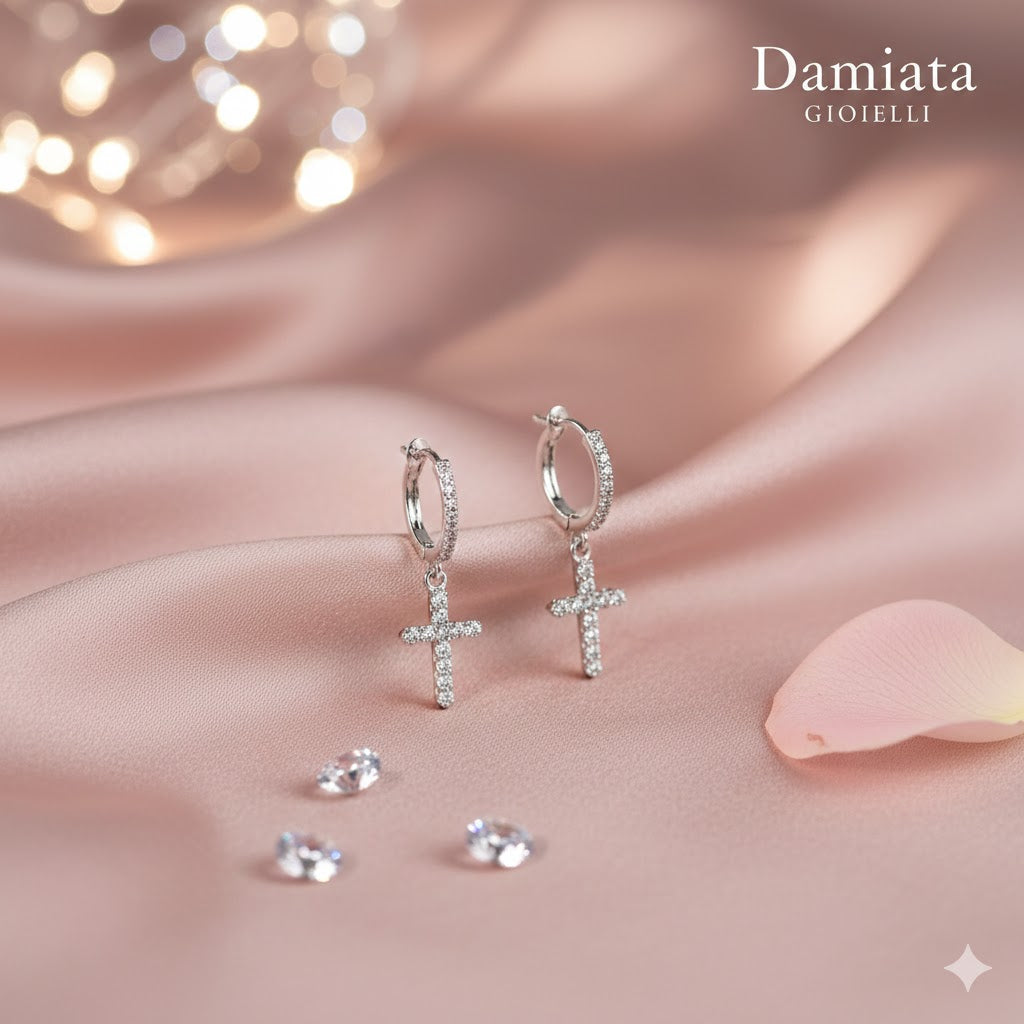 Orecchini con croce donna Damiata Gioielli in oro bianco e zirconi 531/5/102/2
