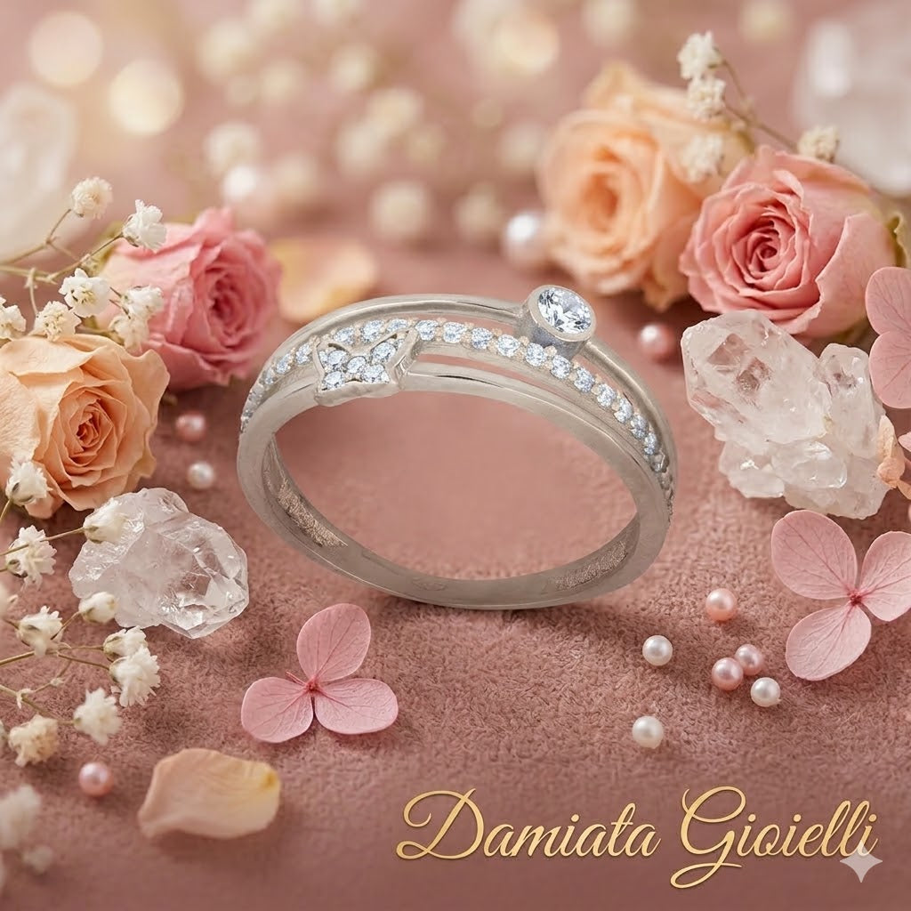 Anello con farfalla donna Damiata Gioielli in oro bianco e zirconi 543/5/102/5