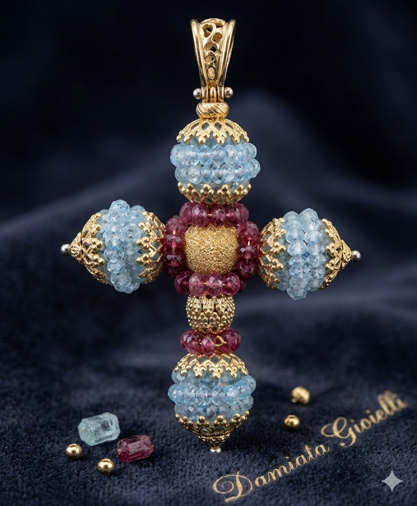 Charm croce donna Sun Day in oro giallo, topazio e ametista 552