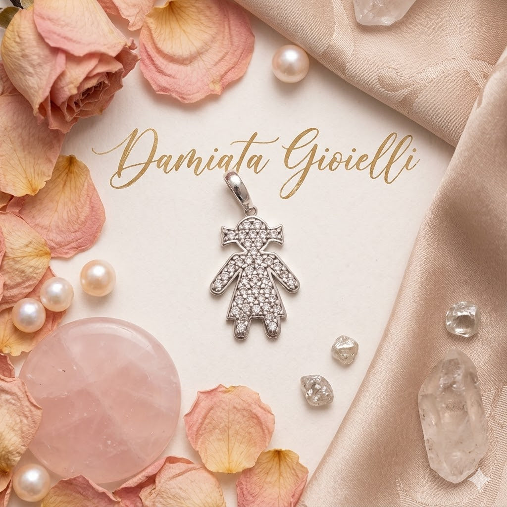 Ciondolo raffigurante una bimba per donna Damiata Gioielli in oro bianco con zirconi 727/7/102