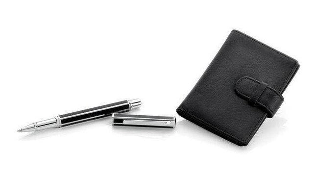 Set di Ottaviani penna a sfera in acciaio e porta carte in pelle nera ref. 84187
