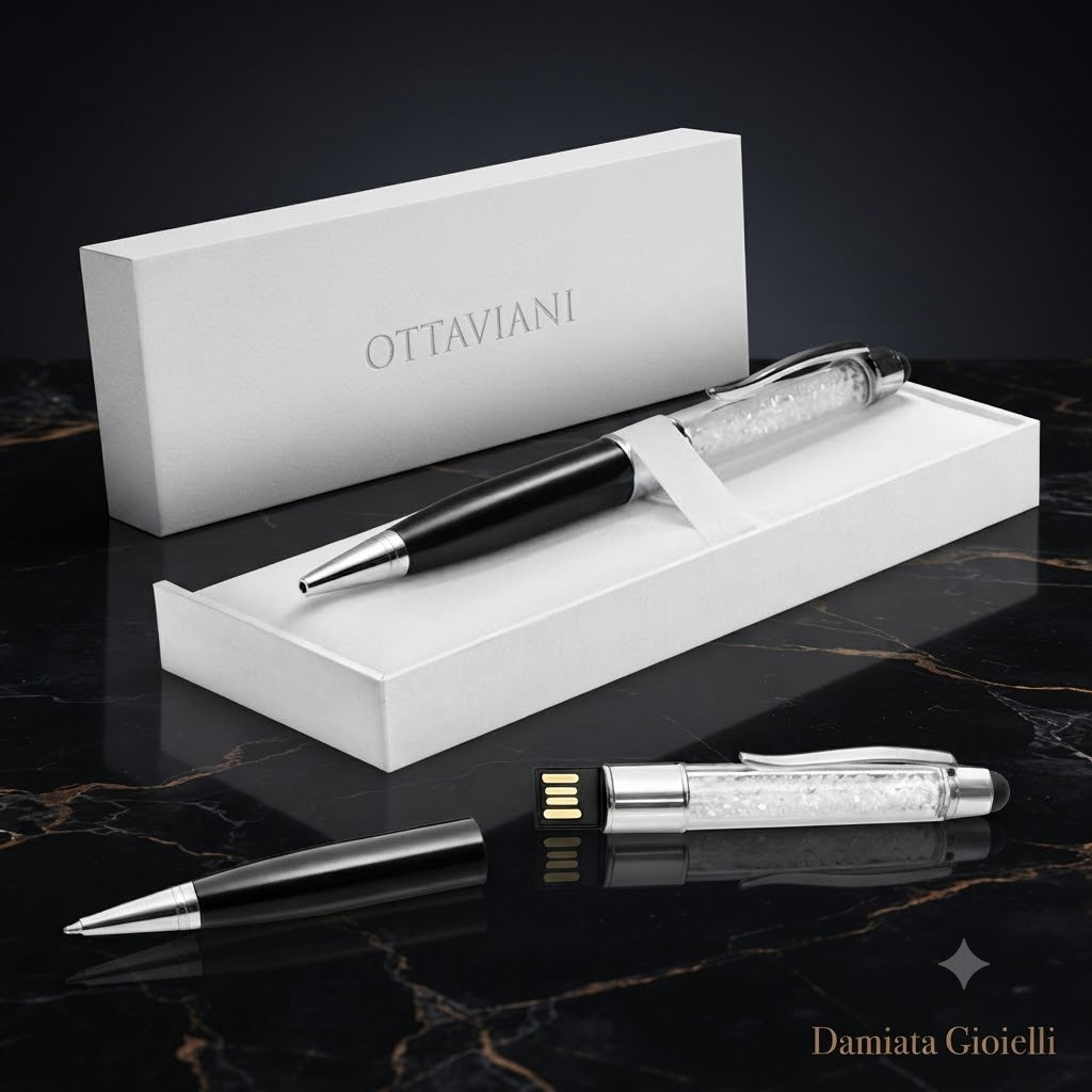 Penna roller Ottaviani in acciaio con cristalli e chiavetta USB sa 16 GB ref. 84291