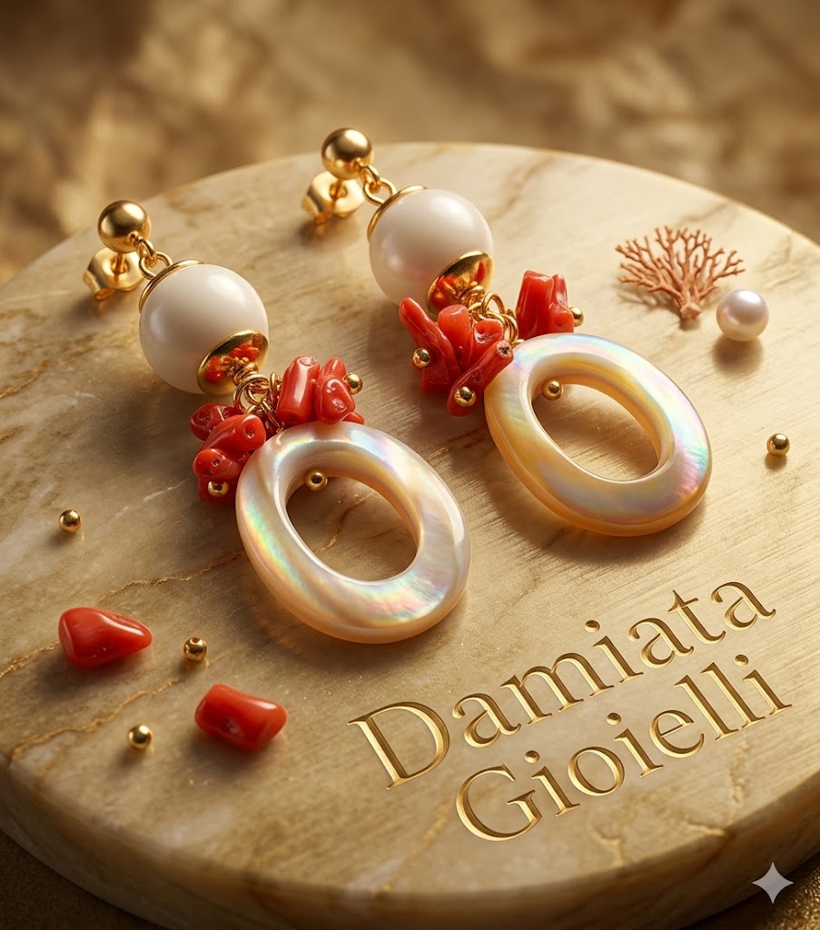 Orecchini pendenti donna Morfea Gioielli in ottone, corallo, agata e osso 871