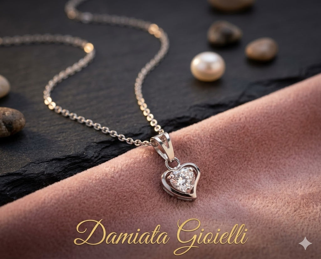 Collana con pendente a cuore donna Damiata Gioielli in oro biaco e zircone 94/9/102+321/102