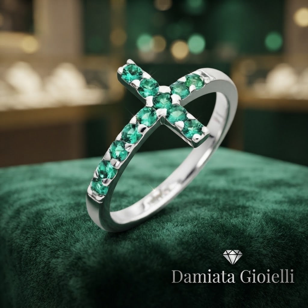 Anello donna Amen collezione "CROCE" in argento e zirconi verdi ref. ACOBV-16