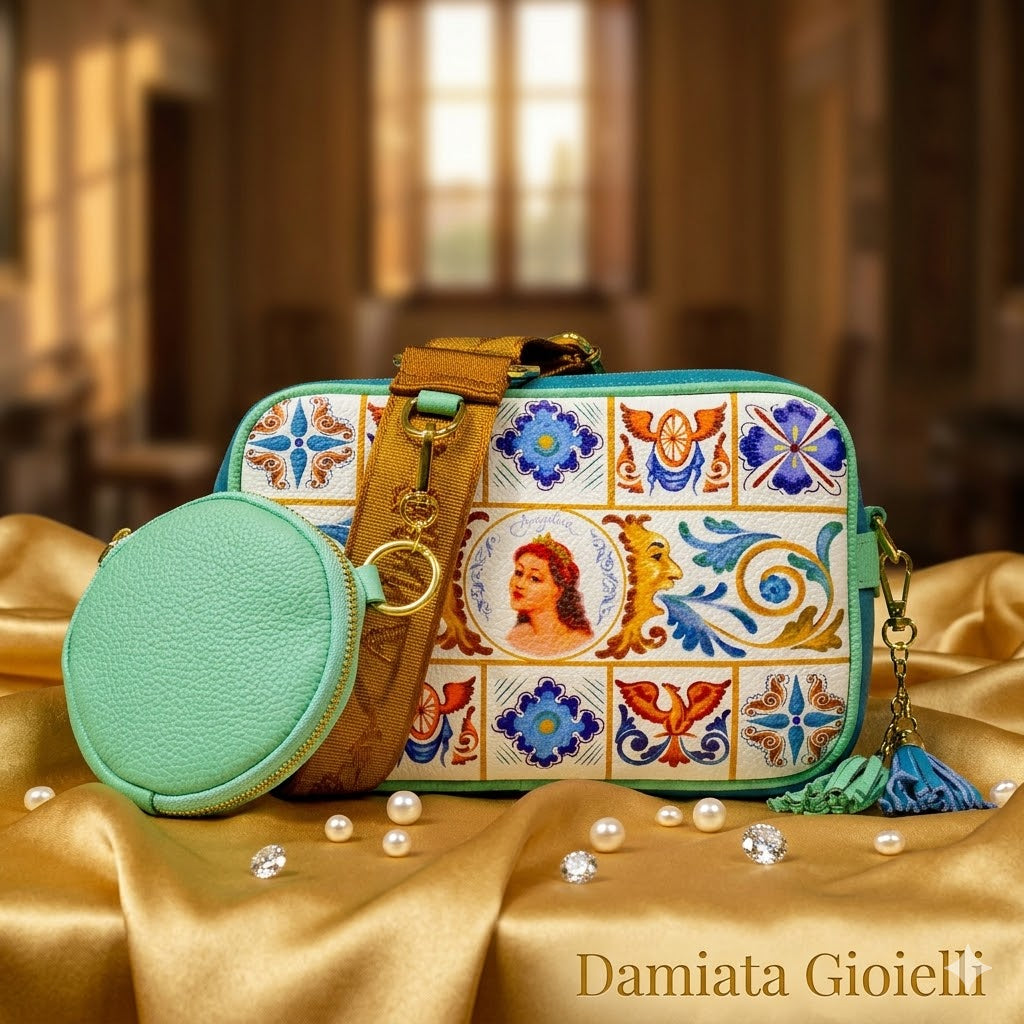 Borsa Ammia donna in pelle collezione "ANGELICA" colore bianca e turchese