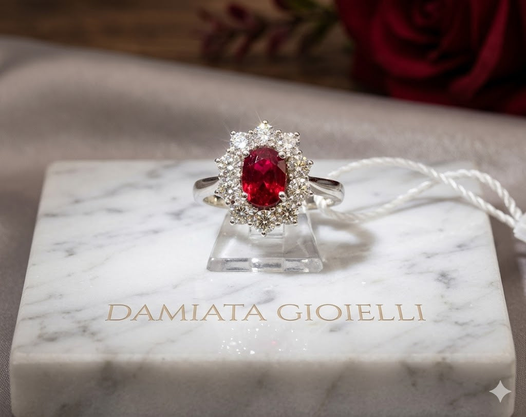 Anello donna Lucciole Gioielli in oro bianco, diamanti e rubino ANK+C076/068R
