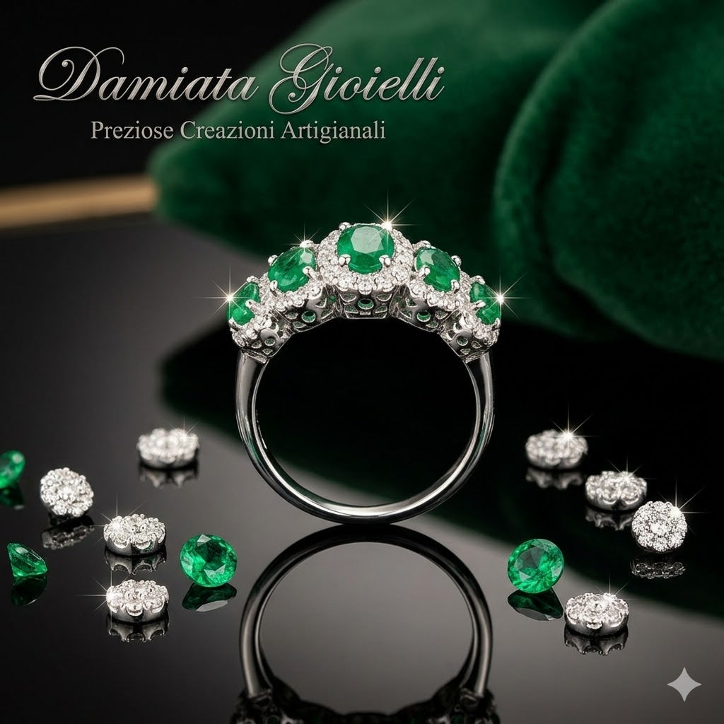 Anello veretta donna Lucciole Gioielli in oro bianco, diamanti e smeraldi ANVSCROYALS