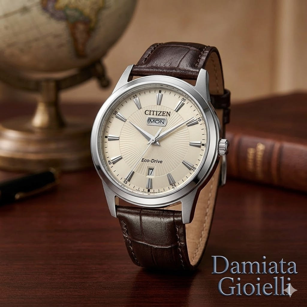 Orologio solo tempo Citizen "CLASSIC" Eco Drive in acciaio e pelle ref. AW0100-19A