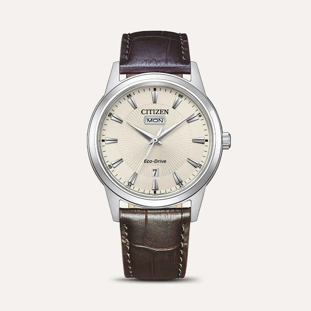 Orologio solo tempo Citizen "CLASSIC" Eco Drive in acciaio e pelle ref. AW0100-19A